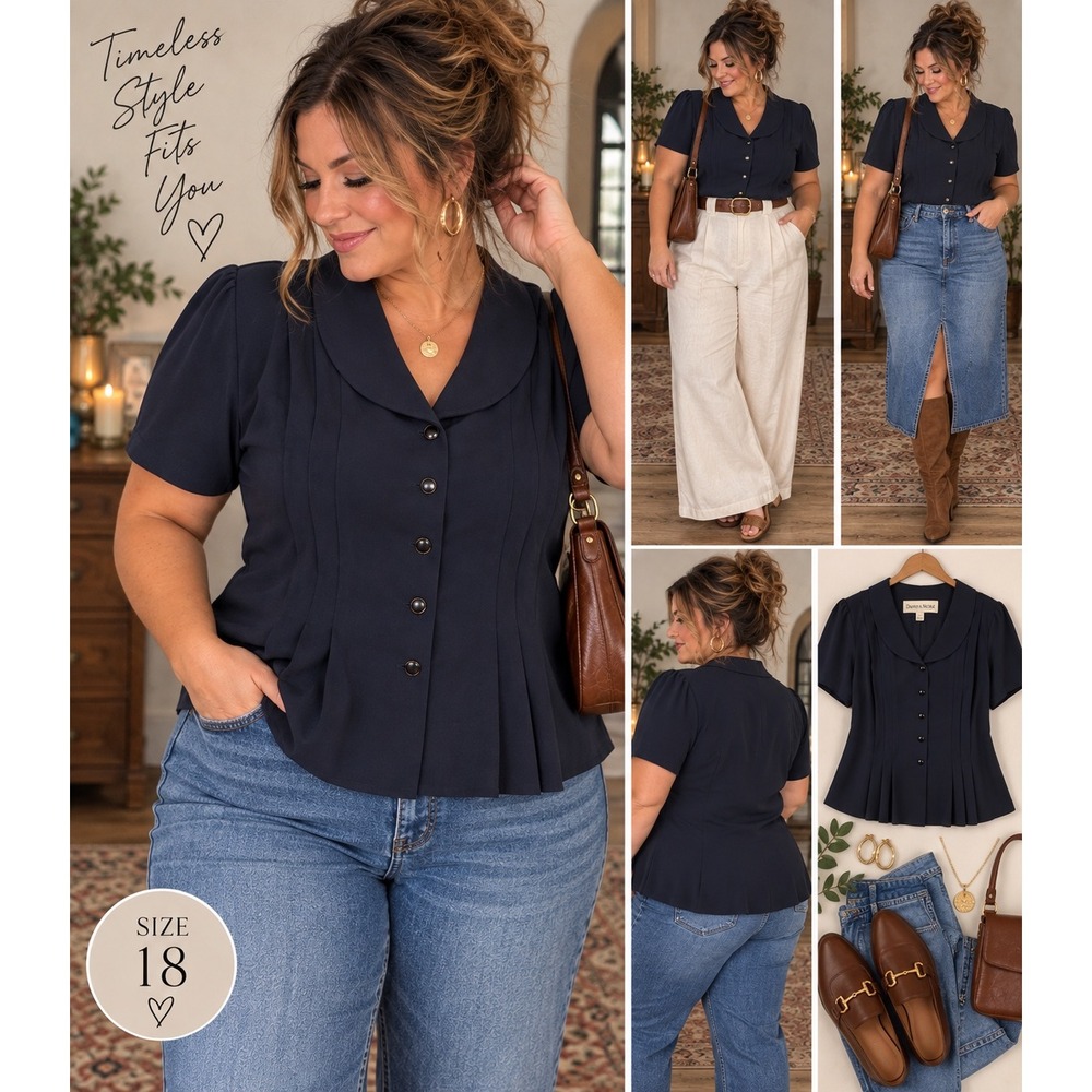 Danny & Nicole Short Sleeve Jacket Women 18WP Navy Blue Good Pleated Suit Top
